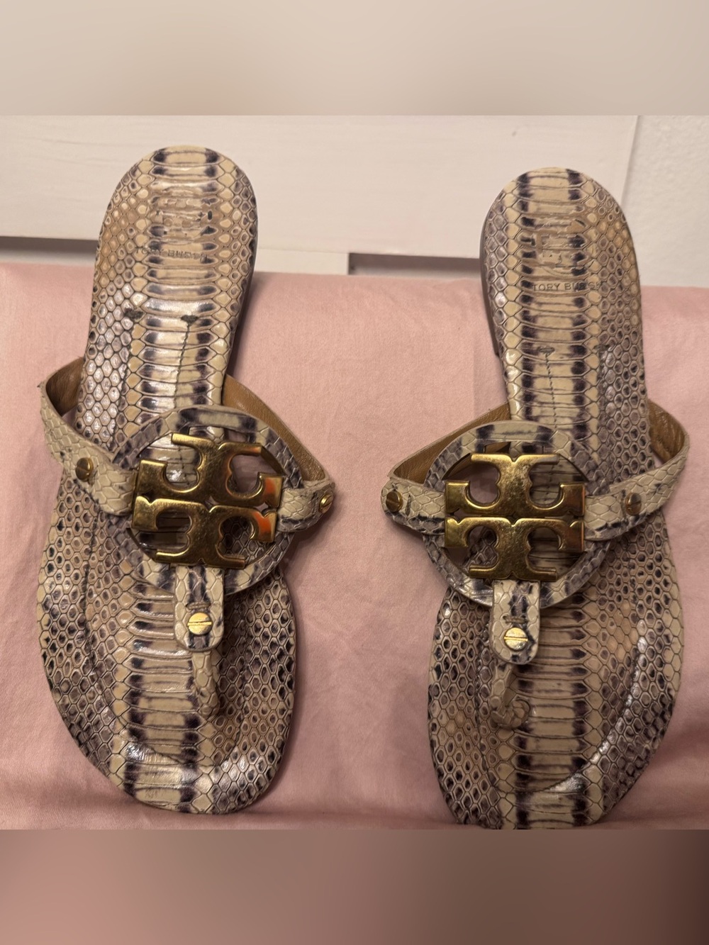Tory Burch Snake-Print Logo Thong Sandals in Beige and Brown